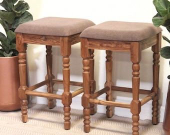 Juego de taburetes de comedor de madera de teca reciclada / Taburetes de cocina rústicos tapizados