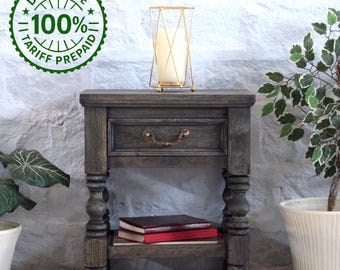 Handmade Solid Wood Bedside Table | Rustic Grey Nightstand with Drawer | DDP Tariff Prepaid | Duty Free Delivery