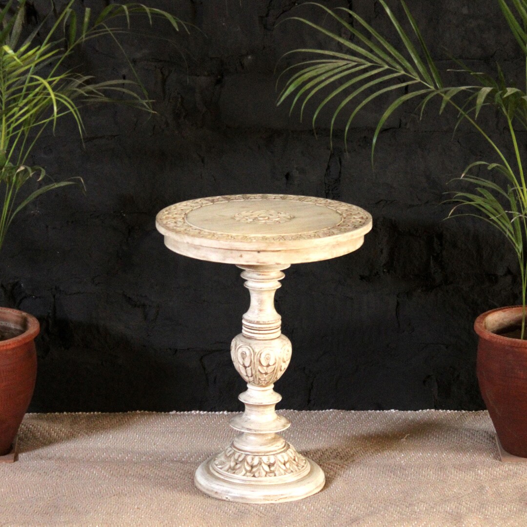 Hand Carved Wooden Round Side Table: Rustic Solid Wood End Table - Etsy