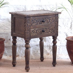 Rustic Nightstand With Two Drawers | Wooden Bedside Table | Antique Look End Table | Double Drawer Nightstand | Carved End Table