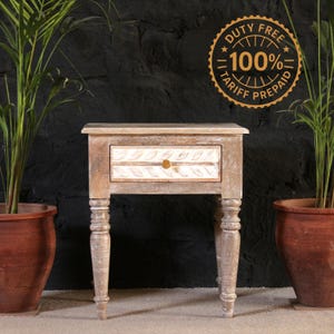Solid Wood Nightstand | Distressed Indian End Table with Drawer | Two Tone Bedside | DDP Tariff Prepaid | Duty Free Delivery