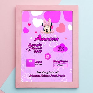 May include: Pink framed birth announcement featuring Minnie Mouse, hearts, and the name "Aurora." Includes birth date, time, weight (3.310 kg), and length (50 cm).