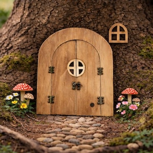 May include: A miniature wooden fairy door and window are set against a tree trunk. The door has a rounded top and a circular window. Two mushroom decorations with red and white spots flank the door, along with small flowers.
