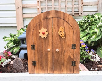 12 inch Fairy Door with  Butterfly and Flower decorations, Hinged Fairy Door for outdoors that opens, Fairy Garden Door, Tree Decoration