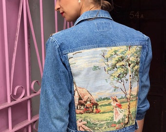 Denim jacket reworked with vintage French tapestry