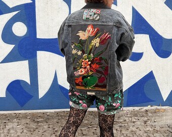 Denim jacket reworked with vintage French tapestry