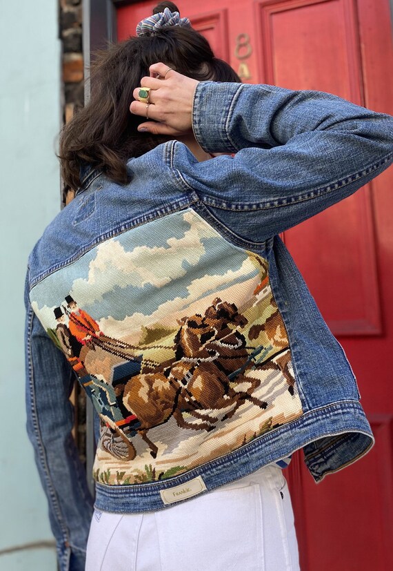 Denim Jacket Reworked With Vintage French Needlepoint Etsy