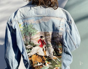 Denim jacket reworked with vintage French tapestry