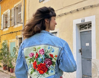 Upcycled denim jacket with French vintage needlepoint