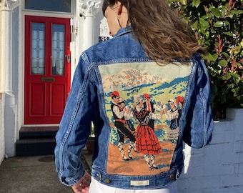 Denim jacket reworked with vintage French tapestry