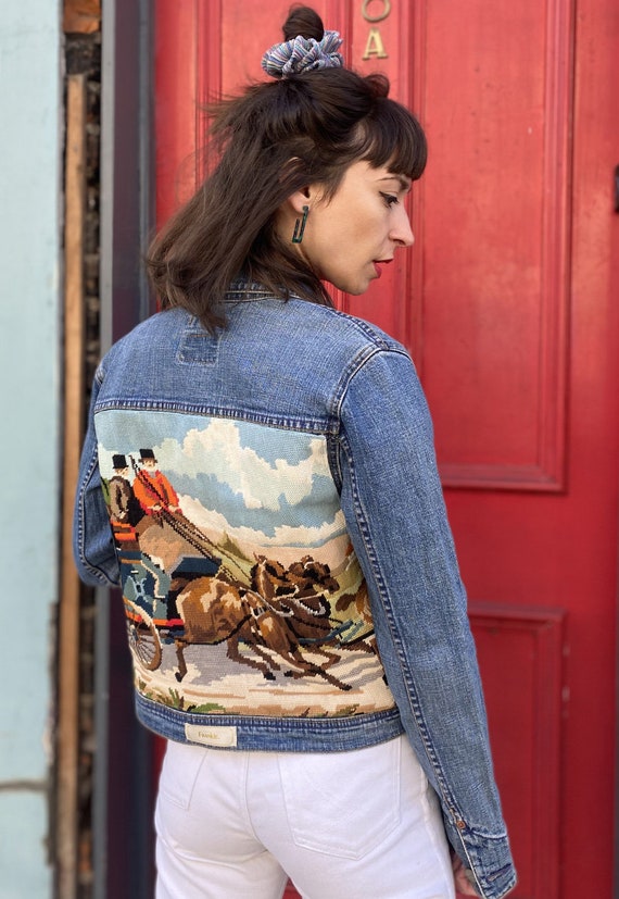 Denim Jacket Reworked With Vintage French Needlepoint - Etsy