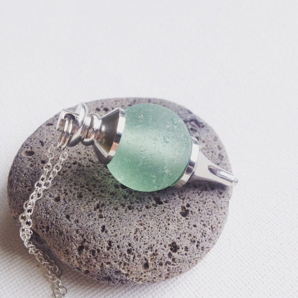 Sea glass codd marble pendulum, beach marble necklace, chakra marble pendant, codd marble necklace, Scottish sea glass, pendulum on chain