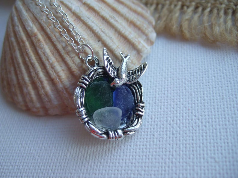 Birds nest pendant filled with Scottish sea glass tinies in green blue and white, whimsical birds nest pendant antique silver sea glass mix image 2