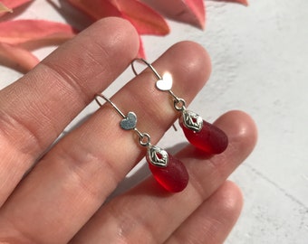 Red sea glass heart earrings, bright red sea glass earrings, sterling silver drop fiery red beach glass, sea treasures, red earrings gift