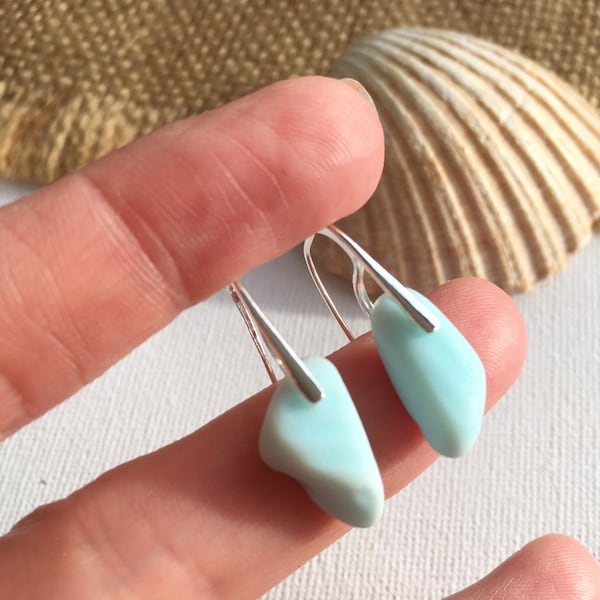 Pastel Blue Seaham sea glass earring, baby blue jadeite sea glass earrings, 1930s colors, sterling, milk glass, beach wedding, sea glass