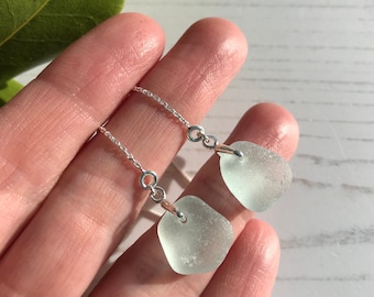 Sea Glass Threader Earrings, Sea Foam Beach Glass Pull Through Chain Dangling Raindrop Earring, Sterling Silver Minimalist Jewellery