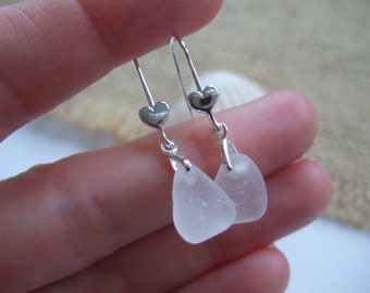 Scottish white sea glass earrings, sterling silver beach glass jewelry, heart shaped sea glass earrings, unique gift for wife, dangling