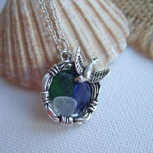 Birds nest pendant filled with Scottish sea glass tinies in green blue and white, whimsical birds nest pendant antique silver sea glass mix image 9