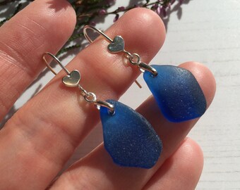 Spanish Blue Sea Glass Earrings, Sterling Silver Heart Design Dangling Earrings with Petrol Blue Beach Found Glass