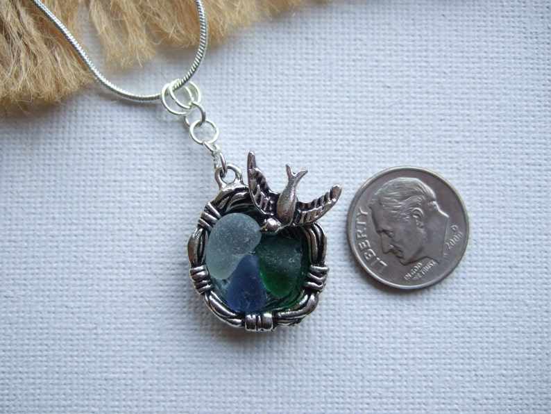 Birds nest pendant filled with Scottish sea glass tinies in green blue and white, whimsical birds nest pendant antique silver sea glass mix image 8