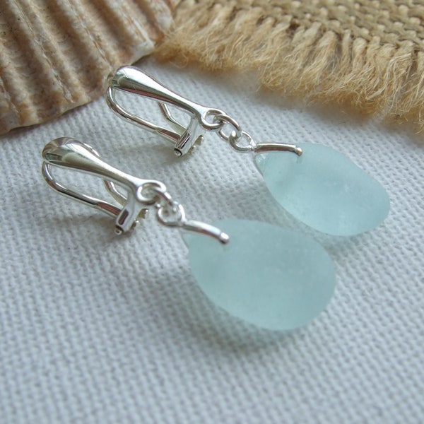 Sea glass jewelry, beach glass Clip on earrings, sea foam sea glass clips, sterling silver earrings, beach wedding, non pierced earrings