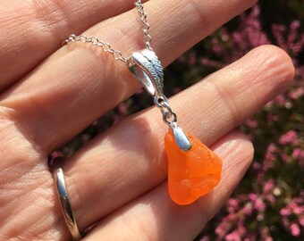 Orange sea glass necklace, Kent tangerine sea glass pendant, sterling silver, orange necklace, love gift, bright orange bonfire