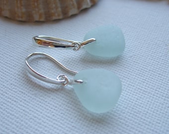 Scottish sea glass sterling silver romantic earrings with sea foam sea glass, sterling silver scottish sea glass drop earrings swirly circle