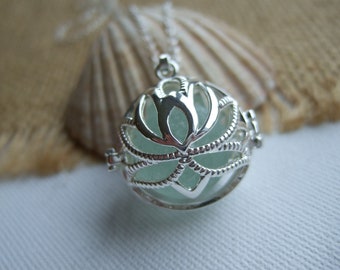 Sea glass marble necklace, silver plated lotus pendant, white sea glass marble in locket pendant, beach marble necklace, yoga gift namaste