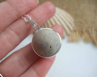 Purist Victorian clay sea marble necklace, sea clay marble necklace, bezel set beach marble, silver sphere marble, earthy gift, natural eco