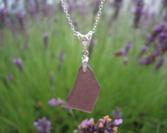 Dusty Purple sea glass necklace, Seaham lilac sterling silver bail, grape colour beach glass necklace, drop shape pendant, romantic gift