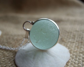 Sea glass codd marble necklace in silver plated bezel band,sea glass marble necklace, bezel set beach marble, silver sphere marble, unique
