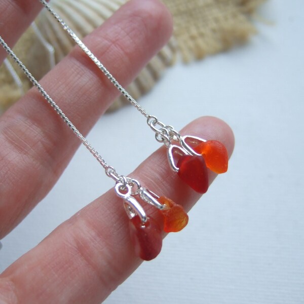 Scottish sea glass earrings, threader earrings, raindrop earrings, red sea glass drop earrings, cherry red sterling silver chains, unique