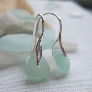Sea Glass Earrings , Mermaid Tail Wave shaped earrings, Aqua Sea Foam, Elegant Beach Glass Earrings Sterling Silver
