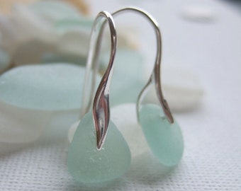 Sea Glass Earrings , Mermaid Tail Wave shaped earrings, Aqua Sea Foam, Elegant Beach Glass Earrings Sterling Silver