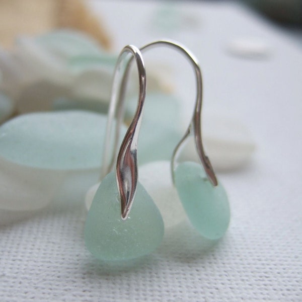 Sea Glass Earrings , Mermaid Tail Wave shaped earrings, Aqua Sea Foam, Elegant Beach Glass Earrings Sterling Silver