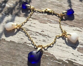 Sea Glass Bracelet, Davenport Beach Glass Pendant, Blue Stripes Layered White, Mermaids Tears, Mermaid Tail 7” Gold Vermeil