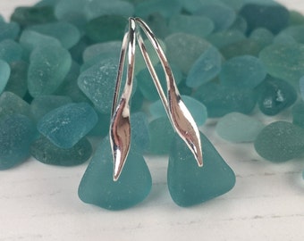 Japanese Sea Glass Earrings , Oceanic Wave shaped earrings, Elegant Aqua Beach Glass Earrings Sterling Silver