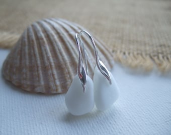 White Seaham milk sea glass earring, white Wave Design jadeite sea glass earrings, sterling silver, milk glass, opaque white beach glass