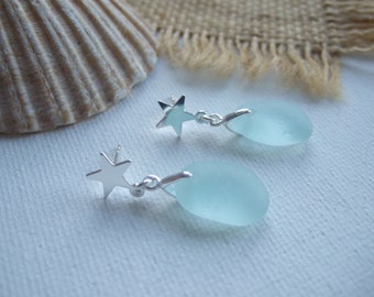 Sea Foam Sea glass earrings, sterling silver sea foam sea glass jewelry, Dangling Star Fish Design, sea glass Stud earrings, unique gift