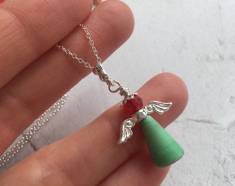 Mudlarking find Guardian Angel Pendant,  Beads and Sterling silver angel necklace , Green and Red Art Deco Beads Field Found