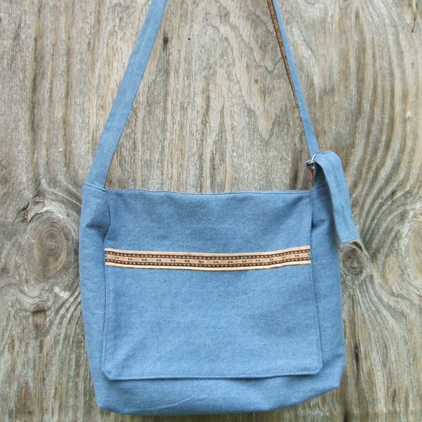 Blue Denim Messenger Bag/ Crossbody Bag/ Men's or Woman's/ Carryall Bag/ School Bag/Laptop Case
