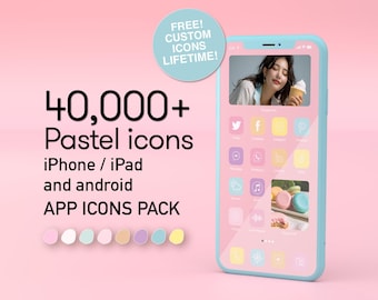 May include: A light blue smartphone displays pastel app icons, with a photo of a person holding ice cream. The image includes the text "40,000+ Pastel icons iPhone/iPad and android APP ICONS PACK" and "FREE! CUSTOM ICONS LIFETIME!"