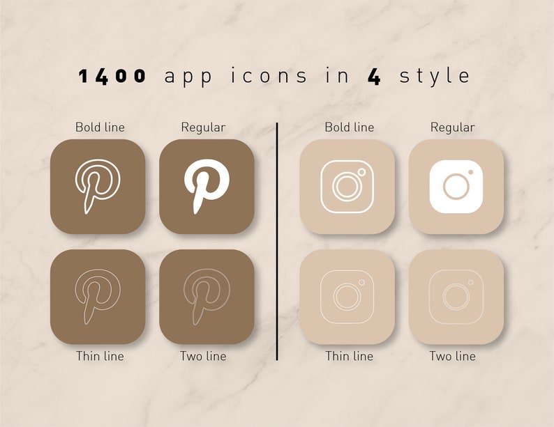 May include: Illustration of 1400 app icons in four styles: bold line, regular, thin line, and two line. The icons are for Pinterest and Instagram.