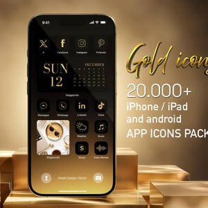 May include: A black smartphone displays a gold and black theme with app icons. The screen shows a calendar, social media icons, and the text "Gold icons 20.000+ iPhone / iPad and android APP ICONS PACK."