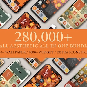 May include: A collection of phone screens with fall-themed icons and wallpapers. The text on the screens reads "dreams", "bams", "believe you", and "you can". The text at the bottom of the image reads "280,000+ FALL AESTHETIC ALL IN ONE BUNDLE 150+ WALLPAPER / 7000+ WIDGET / EXTRA ICONS FREE".