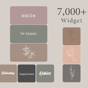 May include: A set of nine digital planner stickers with various designs, including text, flowers, and leaves. The stickers feature a neutral color palette of brown, green, gray, and pink. The text on the stickers includes "smile", "be happy", "Wednesday", "happiness", and "October".