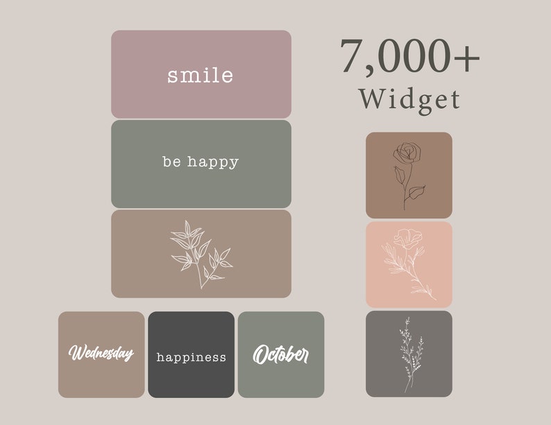 May include: A set of nine digital planner stickers with various designs, including text, flowers, and leaves. The stickers feature a neutral color palette of brown, green, gray, and pink. The text on the stickers includes "smile", "be happy", "Wednesday", "happiness", and "October".
