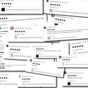 May include: A collage of Etsy shop reviews for digital app icons. The reviews are positive and highlight the variety of styles and colors available. The reviews include text such as "A lot of options for apps along with some different styles per app", "Loved this - downloaded immediately - good", "Simple and easy to use!" and "400+ Colour Aesthetic icons".