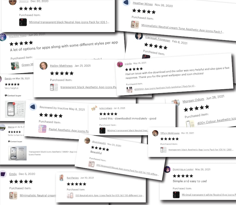 May include: A collage of Etsy shop reviews for digital app icons. The reviews are positive and highlight the variety of styles and colors available. The reviews include text such as "A lot of options for apps along with some different styles per app", "Loved this - downloaded immediately - good", "Simple and easy to use!" and "400+ Colour Aesthetic icons".
