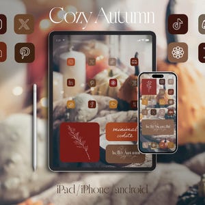 心地よい秋のアプリアイコンパック、白いアイコン、壁紙（デジタルダウンロード）